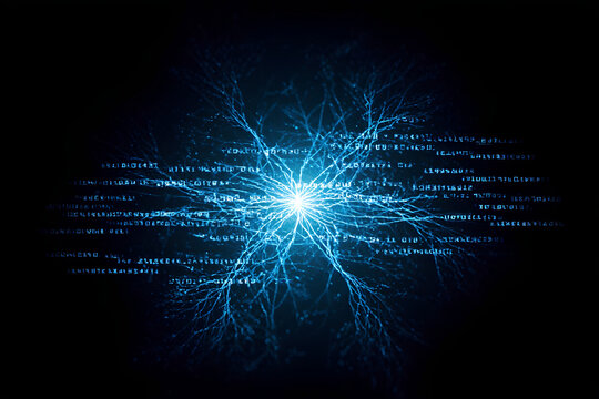 Glowing code and neural network on black background, a continuous evolutionary path in the digital age, 300dpi