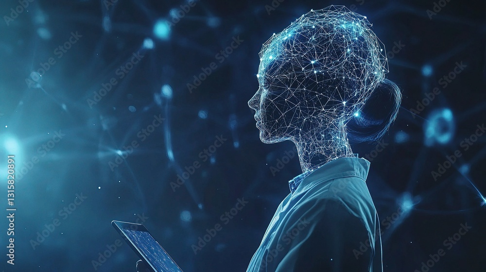 Poster doctor using ai interface with tablet for patient interaction