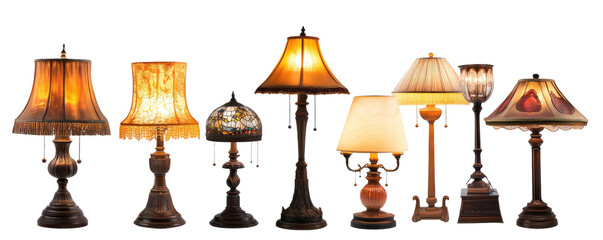 Collection of various decorative table lamps on transparent background
