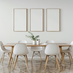 Minimalist dining room with wooden table and white chairs. three blank frames on the wall