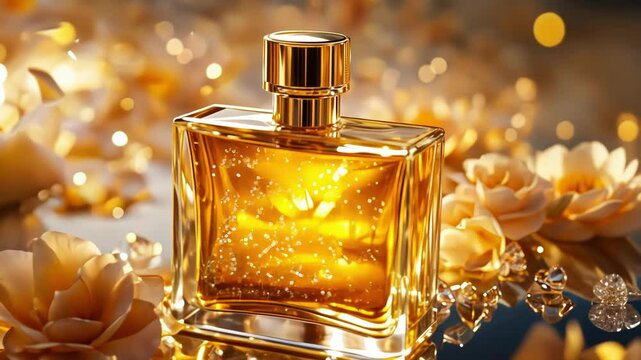 A luxurious perfume bottle surrounded by glowing flowers and sparkles.