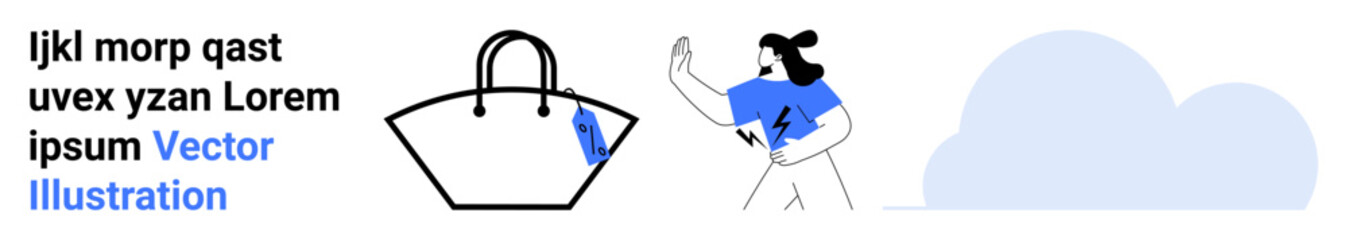 Tote bag with tag beside woman waving hand in casual blue attire, accompanied by abstract cloud. Ideal for shopping, retail, fashion, marketing, branding, ecommerce, digital design flat landing page