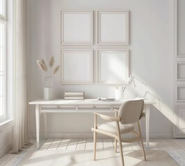 Fototapeta premium Minimalist home office with white desk. chair. and four empty frames on the wall