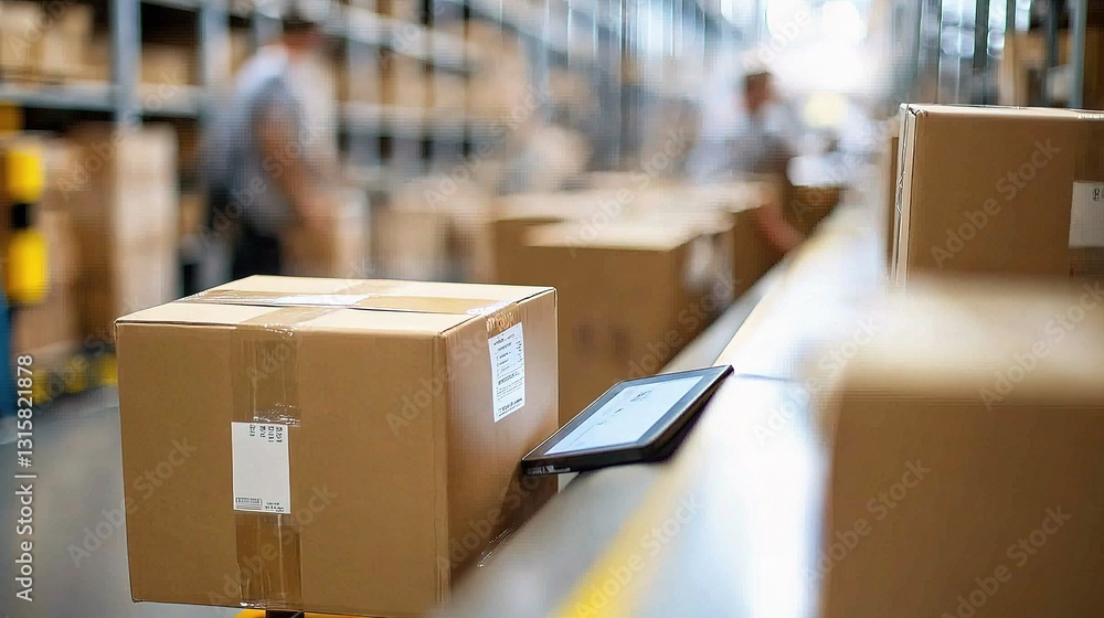 Poster digital tablet displaying inventory in warehouse setting