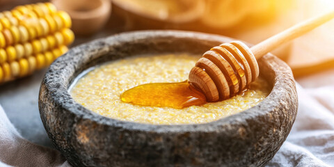Steaming hot cornmeal porridge in rustic stone bowl with honey drizzle