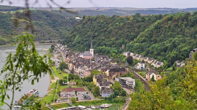 Small medieval European town of Sankt Goar on the Rhine River on an overcast summer day, Rhine Valley, Germany