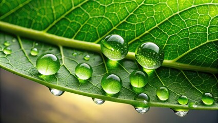 A close-up of a large green leaf with visible water droplets on its surface as it drips slowly from a branch, plant leaves, plant life