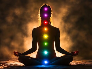 Woman meditating, chakras, dark background, serenity