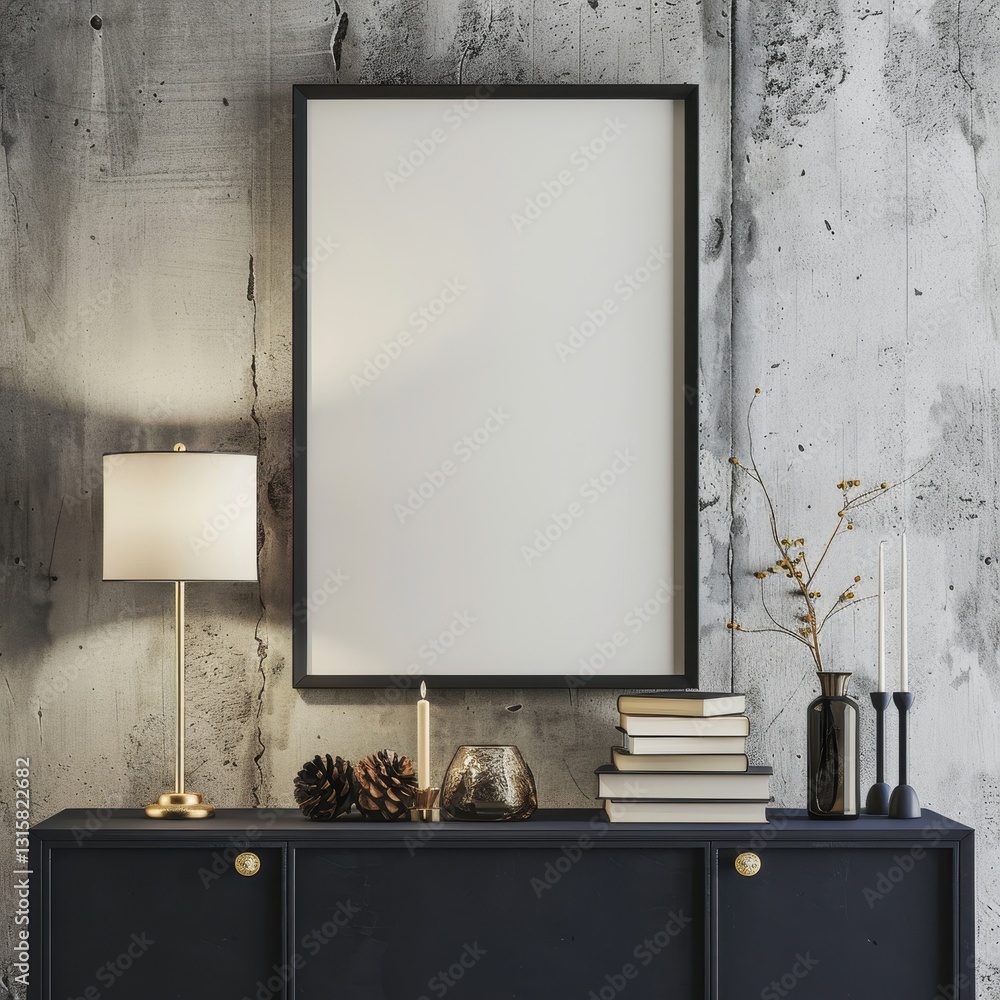 Poster a black console table with a blank frame mockup. a lamp. a stack of books. candles. and a vase with 