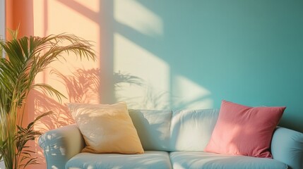 Pastel couch with pillows bathed in sunlight. Ideal for home decor, relaxation, and well-being themes.