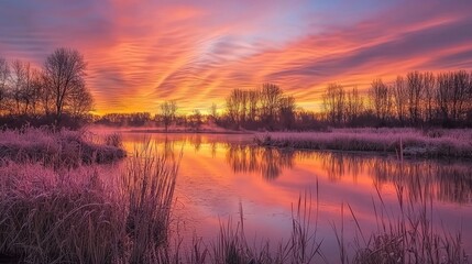 Breathtaking Sunset Over a Serene River with Vibrant Reflections and Colorful Clouds in a Peaceful Natural Landscape