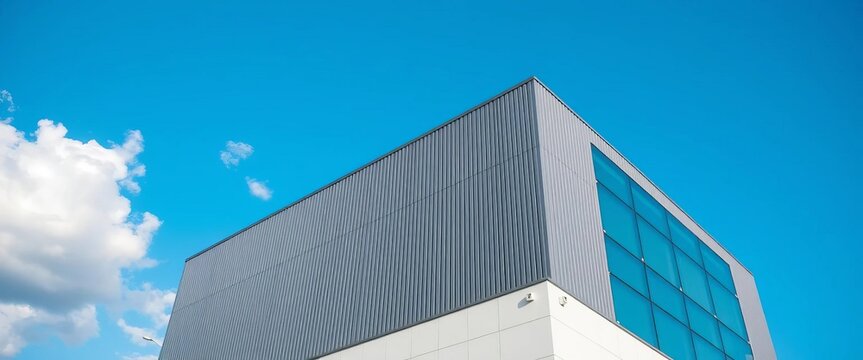 Modern building clad in durable grey metal composite panels against a bright blue sky with fluffy clouds, design, exterior