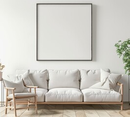 Minimalist living room interior with a white sofa. armchair. and a blank frame
