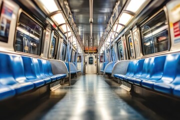 Empty subway train interior with blue seats and metallic walls, showcasing urban commuting environment