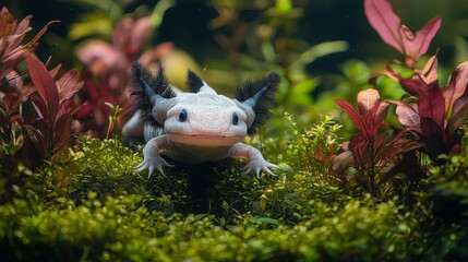 Unique axolotl swimming among lush aquatic plants in a vibrant aquarium setting during the day