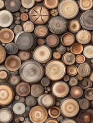A diverse arrangement of cross-sections of tree trunks showcasing various wood textures and colors
