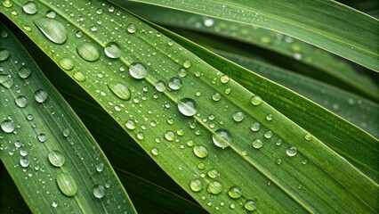 A collection of long green leaves with varying levels of water droplets on them creating a sense of depth and dimensionality, nature, foliage