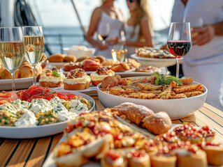 Obraz premium Elegant Outdoor Buffet with Various Dishes and Guests Enjoying Wine
