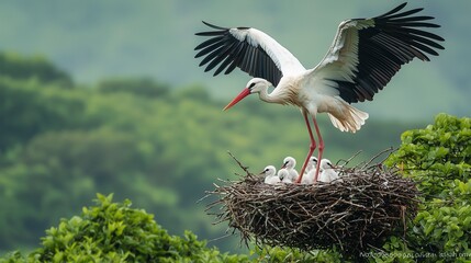 White Stork Adult Bird Landing on Nest with Baby Chicks in Green Foliage