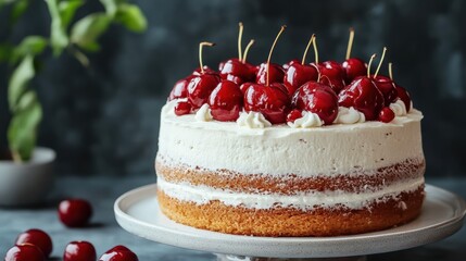 Delicious genoise cake with cherries kitchen table setting food photography indoor close-up view culinary delight