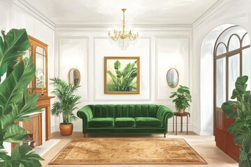 Elegant living room with green velvet sofa, gold accents, and lush plants.