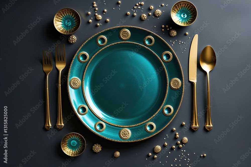 Poster shiny teal plates with circular patterns on dark charcoal background
