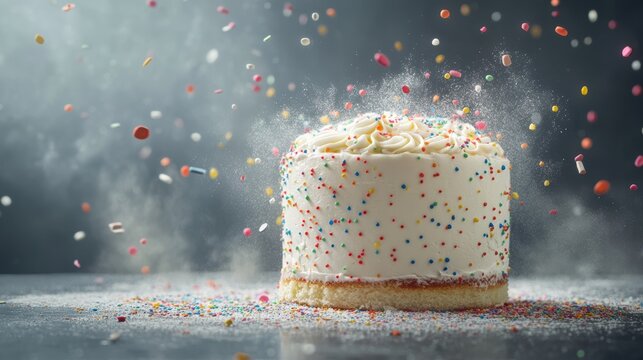 Celebratory funfetti cake with sprinkles kitchen food photography bright atmosphere close-up delightful dessert