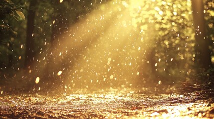 Naklejka premium Golden Rain in the Forest: A Magical Scene of Sunlight and Raindrops
