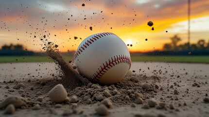 Baseball in Motion on Dirt Field at Sunset – Sports Action Photography. Generative AI
