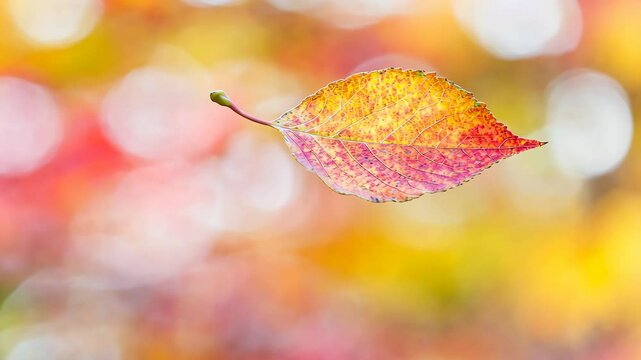 Colorful autumn leaf floating in mid-air against a blurred background of vibrant fall colors