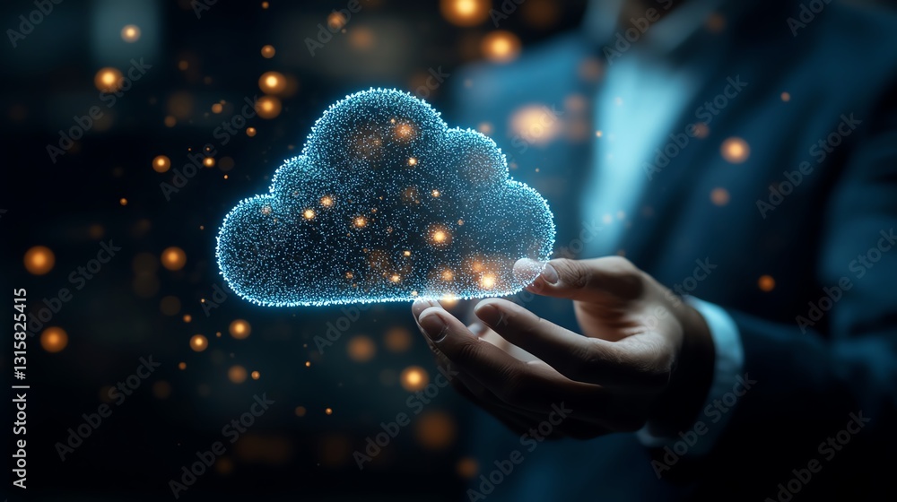 Poster businessman using fingerprint scanning technology for cloud computing access