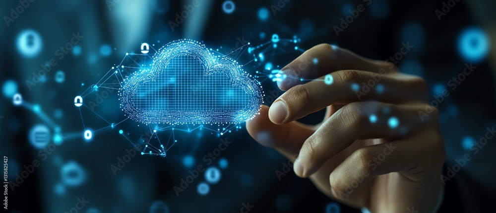 Poster businessman using fingerprint scanning technology for cloud computing access