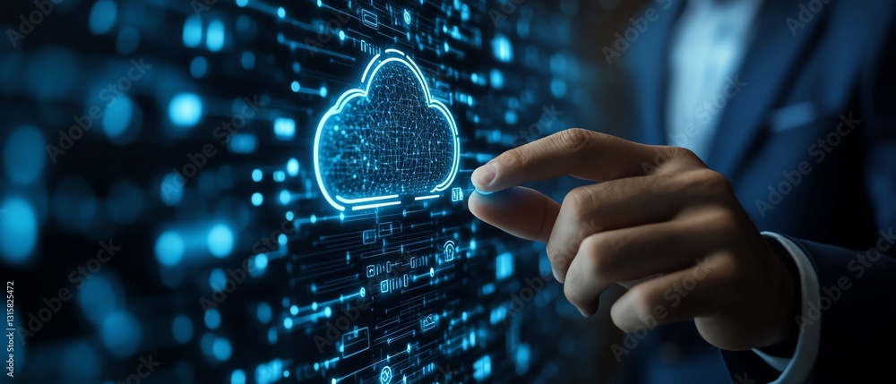 Poster businessman using fingerprint authentication to access cloud services