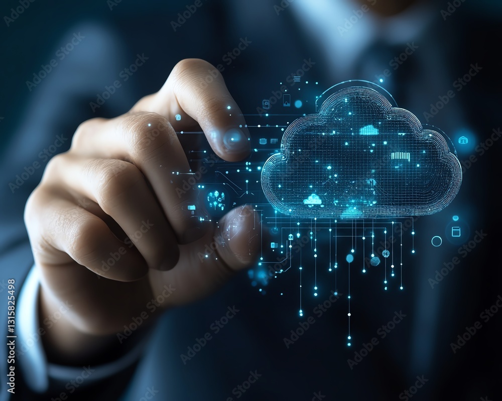 Poster businessman utilizing fingerprint scanning for cloud computing access