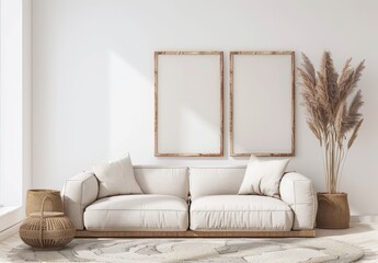 Minimalist living room with white sofa. two empty frames. dried pampas grass. and a woven basket