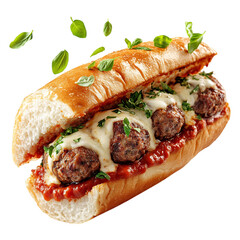 A Savory Meatball Sub Sandwich with Marinara Sauce and Meat and Cheese Isolated on Transparent Background