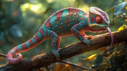 Fototapeta premium Chameleon on a Branch in Lush Tropical Rainforest Sunlight