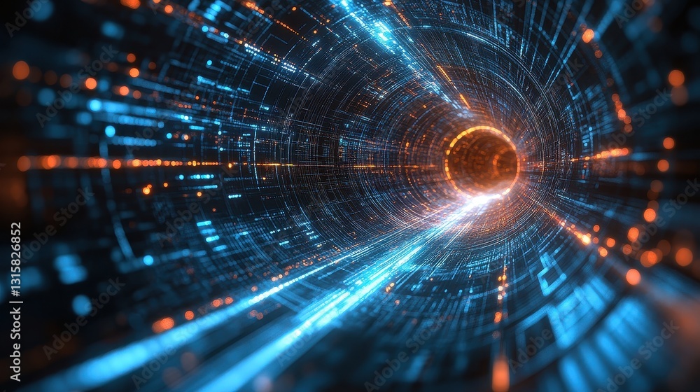 Poster abstract digital tunnel with glowing lines and data streams. illustrates high-speed data transfer, d