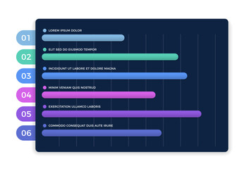 Obraz premium Horizontal bar chart with six elements, infographic template, dark background, vector eps10 illustration