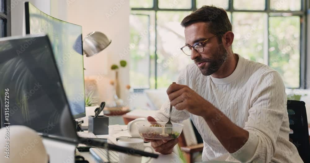 Poster man, eating and reading report at desk in office with salad, multiscreen setup and working lunch. bu