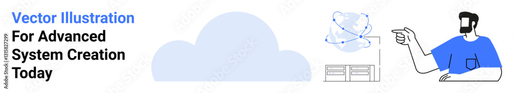 Poster male figure pointing at abstract digital data visualization, server stack, cloud computing. ideal fo