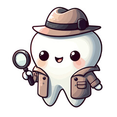 Curious tooth detective with hat and magnifying glass vector illustration. Perfect for educational content about finding hidden plaque and teaching thorough dental examination skills.