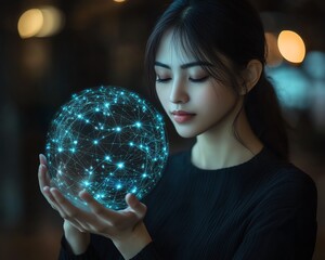 Naklejka premium Woman holding a virtual globe with global internet connections
