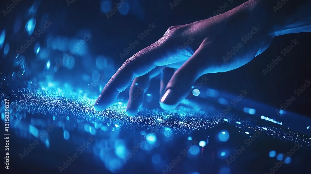 Poster person using hand to interact with digital content concept visual