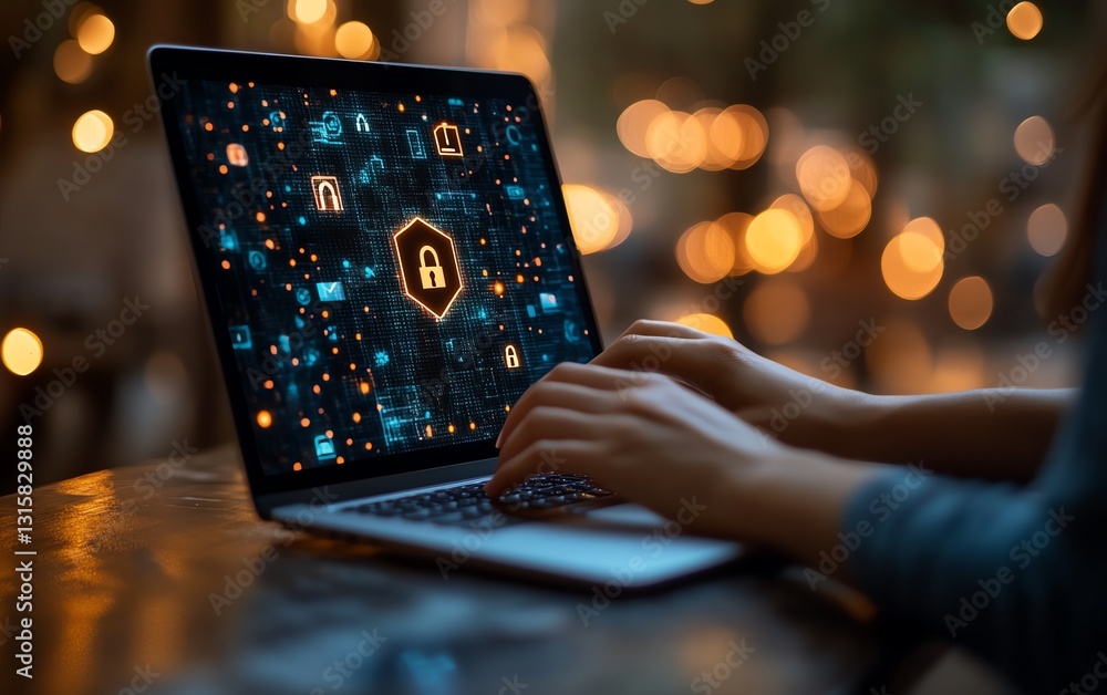 Fototapete businesswoman using a laptop with a virtual screen displaying lock icons and a secure login page