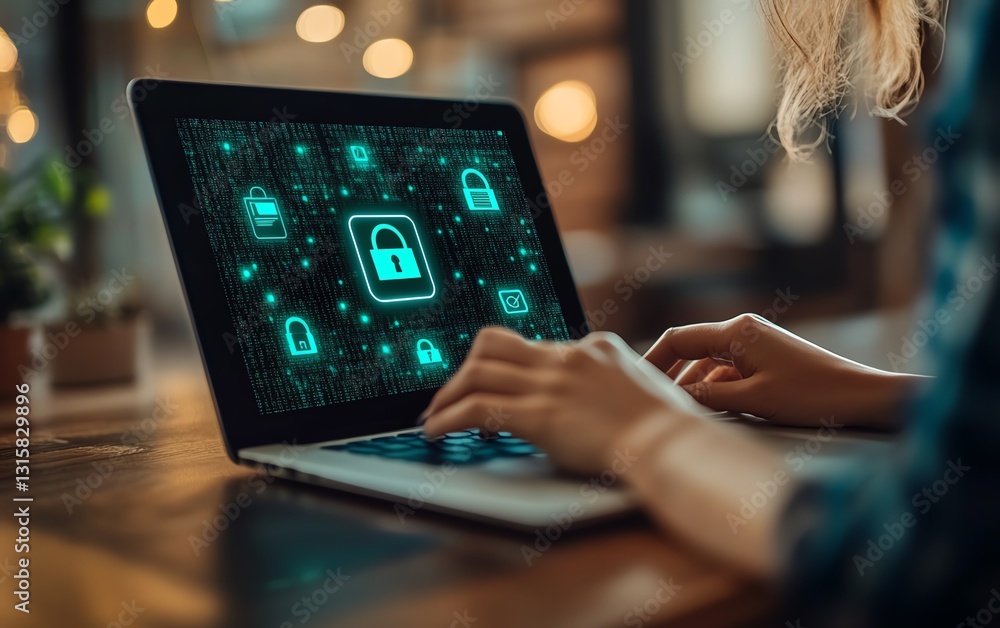 Poster Businesswoman using a laptop with a virtual screen displaying lock icons and a secure login page