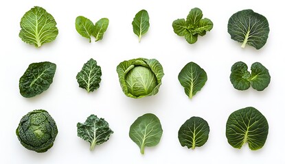 Various Types and Shapes of Cabbages on White Background
