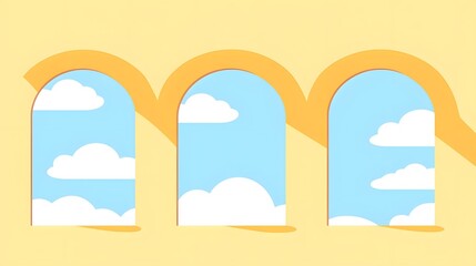 Serene Sky Views: Three Arch Windows Showcasing a Peaceful Blue Sky with Fluffy White Clouds