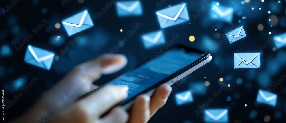 Poster smartphone in a womans hand with envelope icons floating on the screen