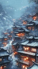 Obraz premium Lanterns emit warm light over a snow-blanketed rustic village under a quiet sky. Vertical.